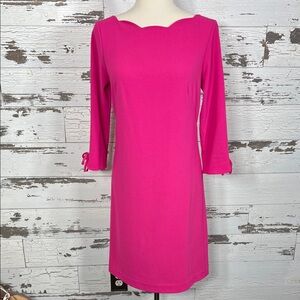 TALBOTS Party Crepe Shift Dress Scalloped Neck Tie Sleeve Hot Pink Sz 2 EUC